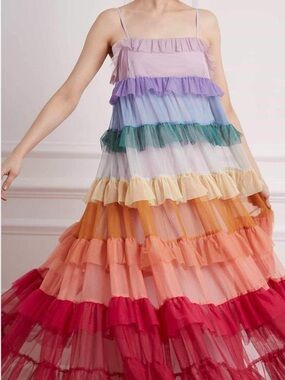 Storia Multi-Tiered Rainbow Ruffle Dress, Medium